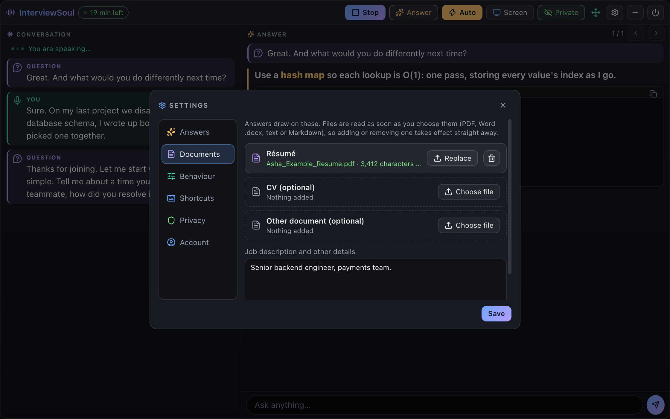 The Documents tab in Settings, with a résumé attached and a box for the job description.