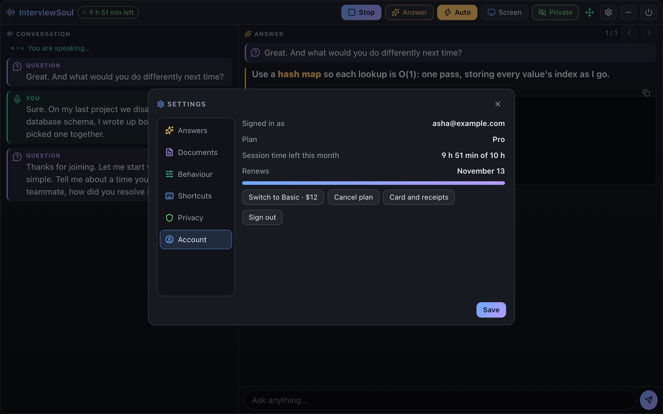 The Account tab in Settings, showing the Pro plan, the session time left this month and the renewal date.